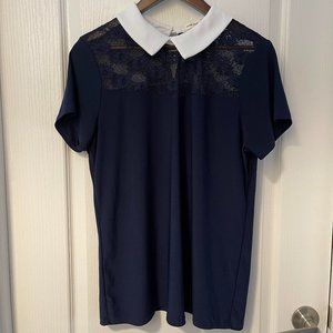 Never-Worn Floral Embroidered Navy Blue Collared Blouse, Size Large.